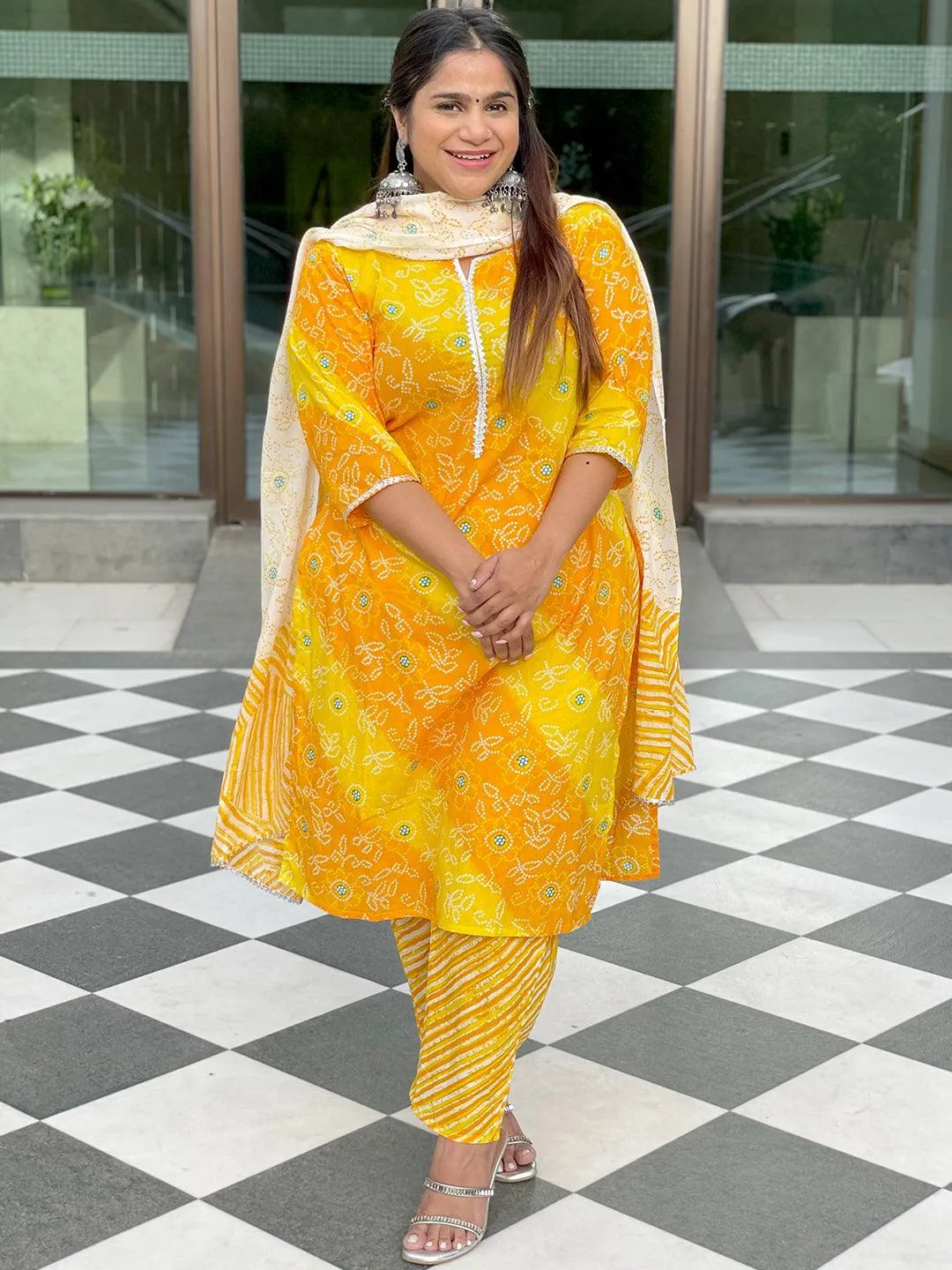 Plus Size Yellow Printed Cotton Suit Set - Libas 