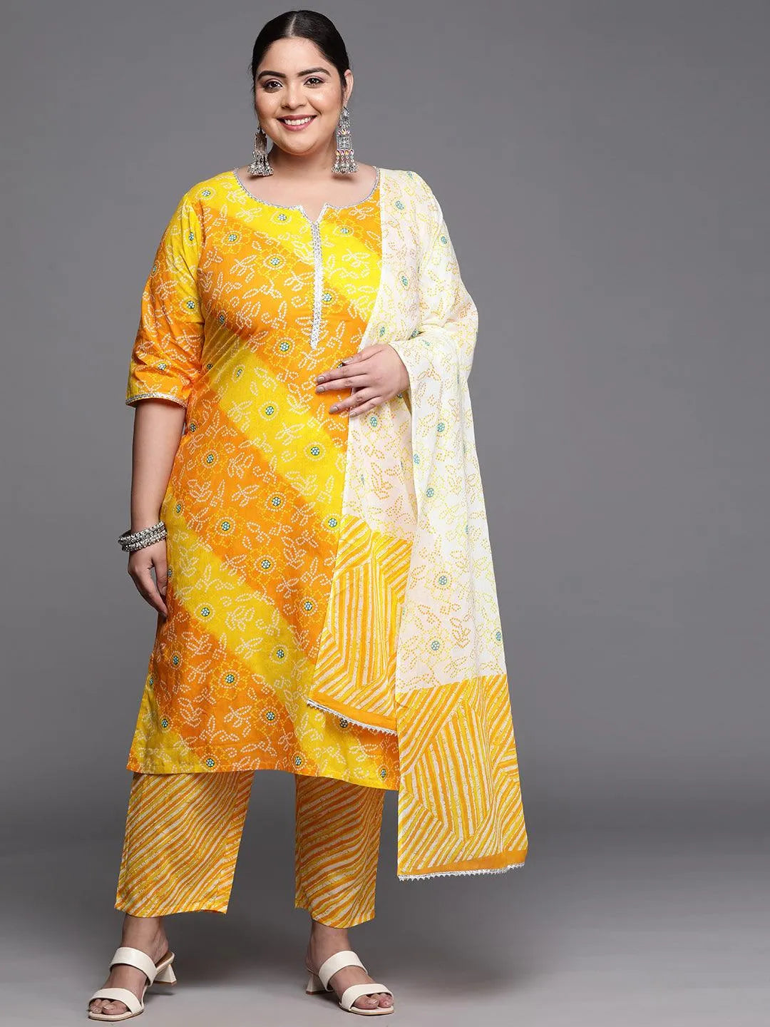 Plus Size Yellow Printed Cotton Suit Set - Libas 