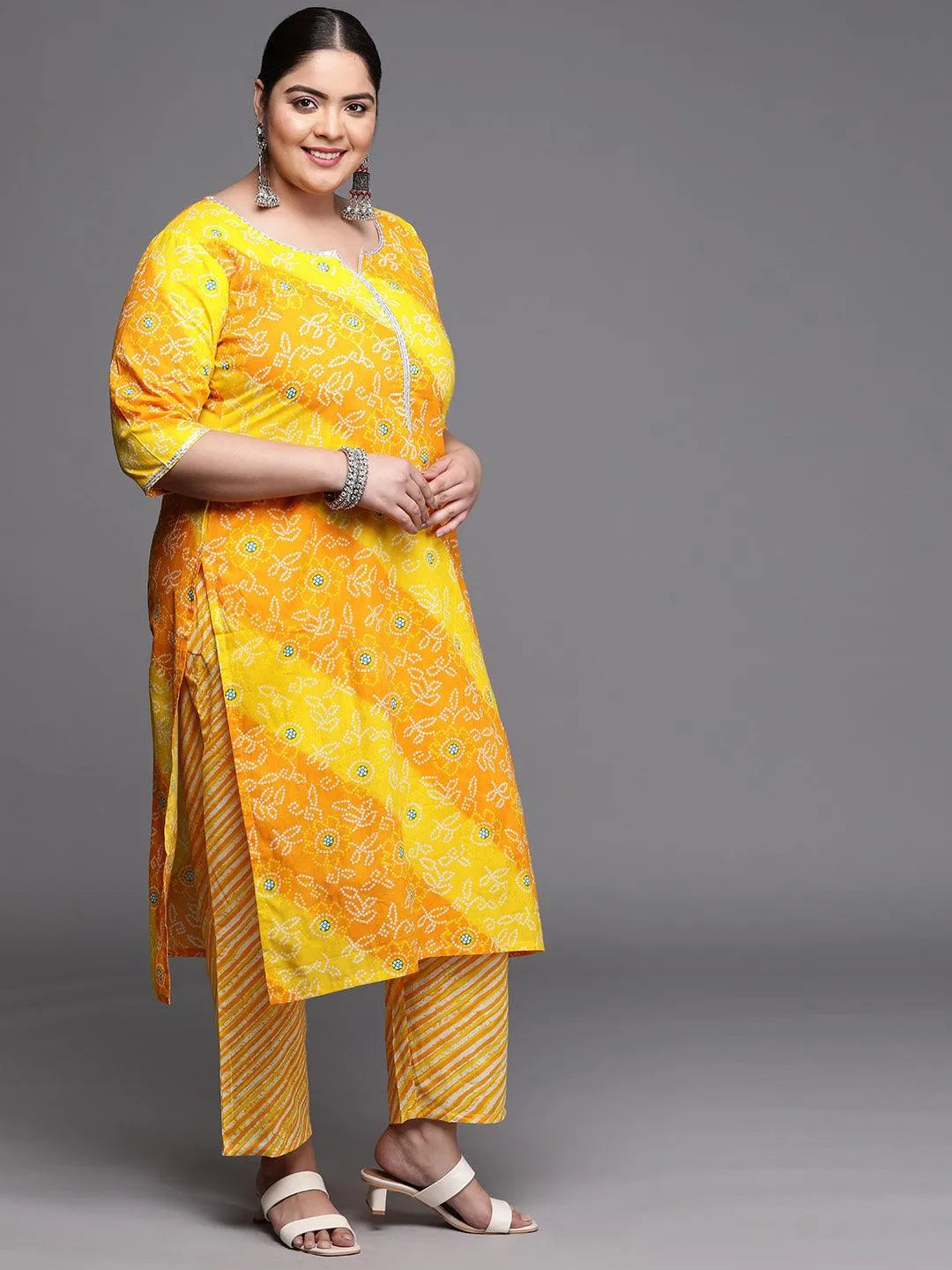 Plus Size Yellow Printed Cotton Suit Set - Libas 