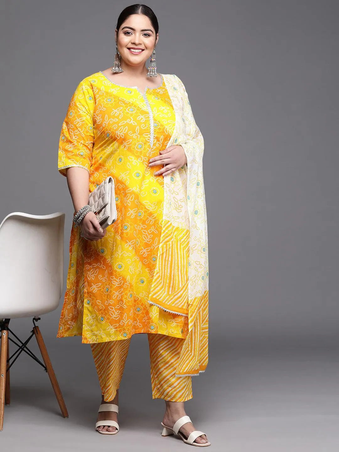 Plus Size Yellow Printed Cotton Suit Set - Libas 