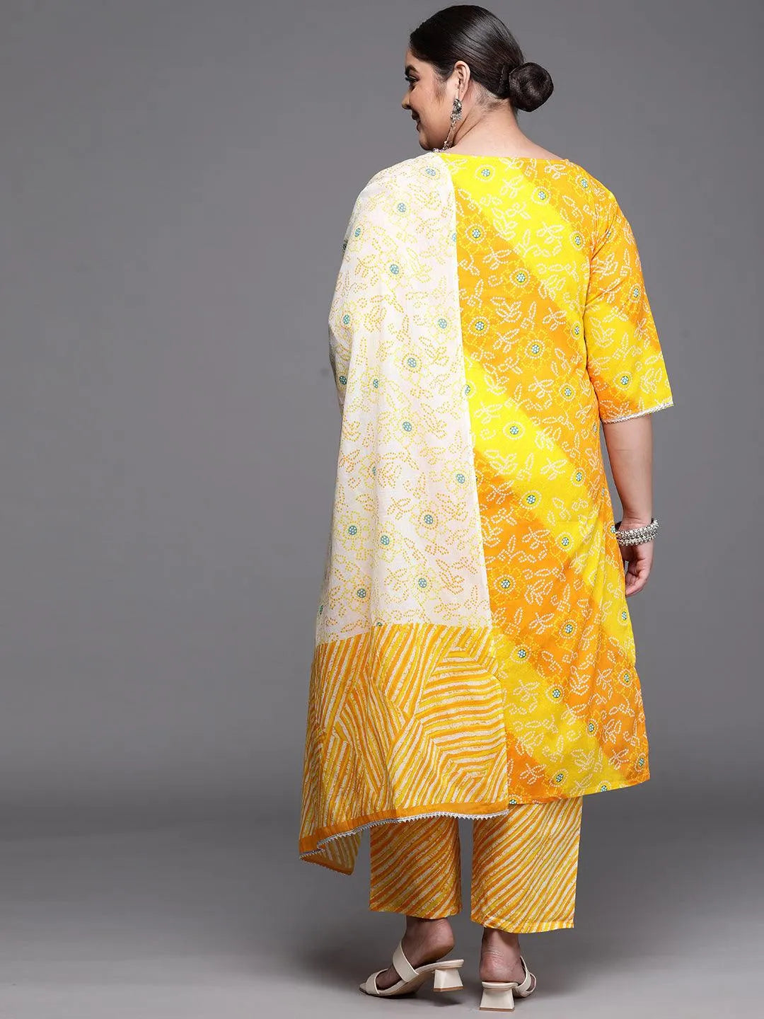 Plus Size Yellow Printed Cotton Suit Set - Libas 