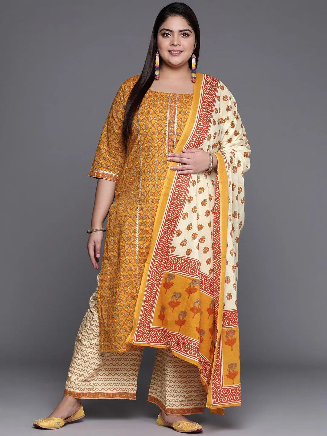 Plus Size Yellow Printed Cotton Suit Set - Libas 