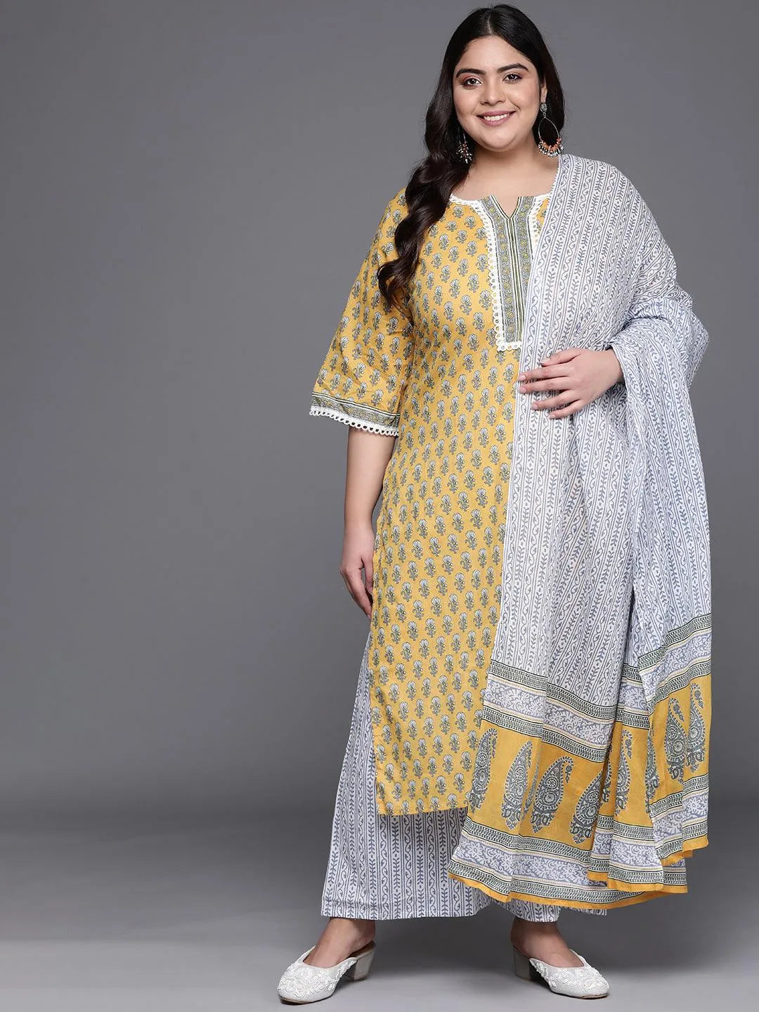 Plus Size Yellow Printed Cotton Suit Set - Libas 