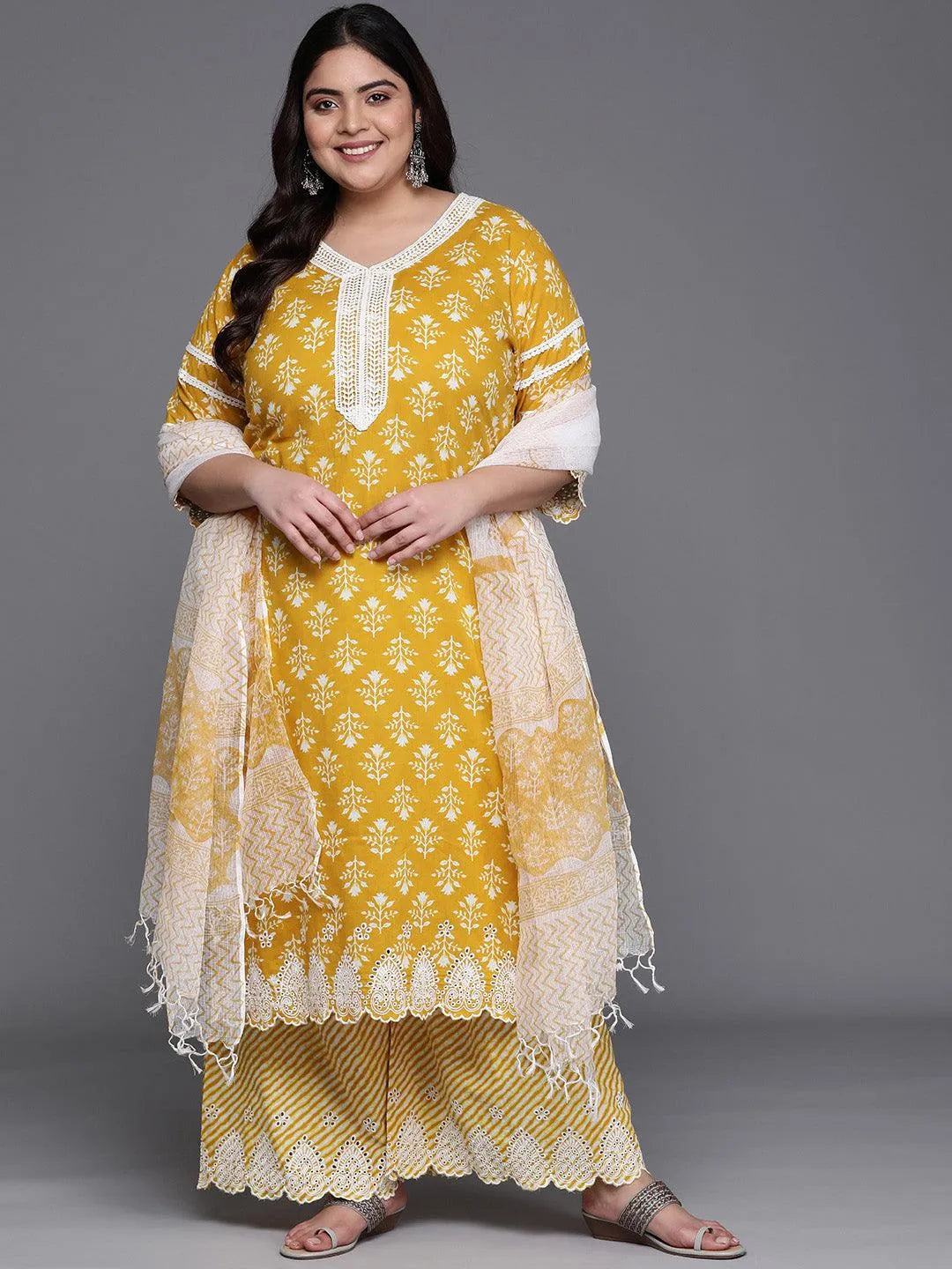 Plus Size Yellow Printed Cotton Suit Set - Libas 