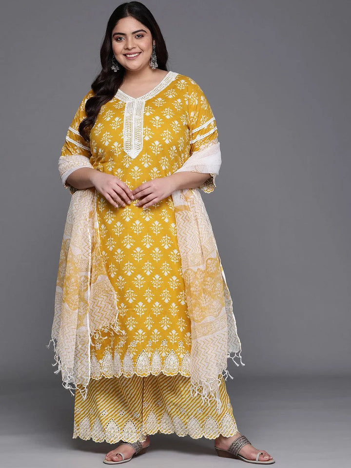 Plus Size Yellow Printed Cotton Suit Set - Libas