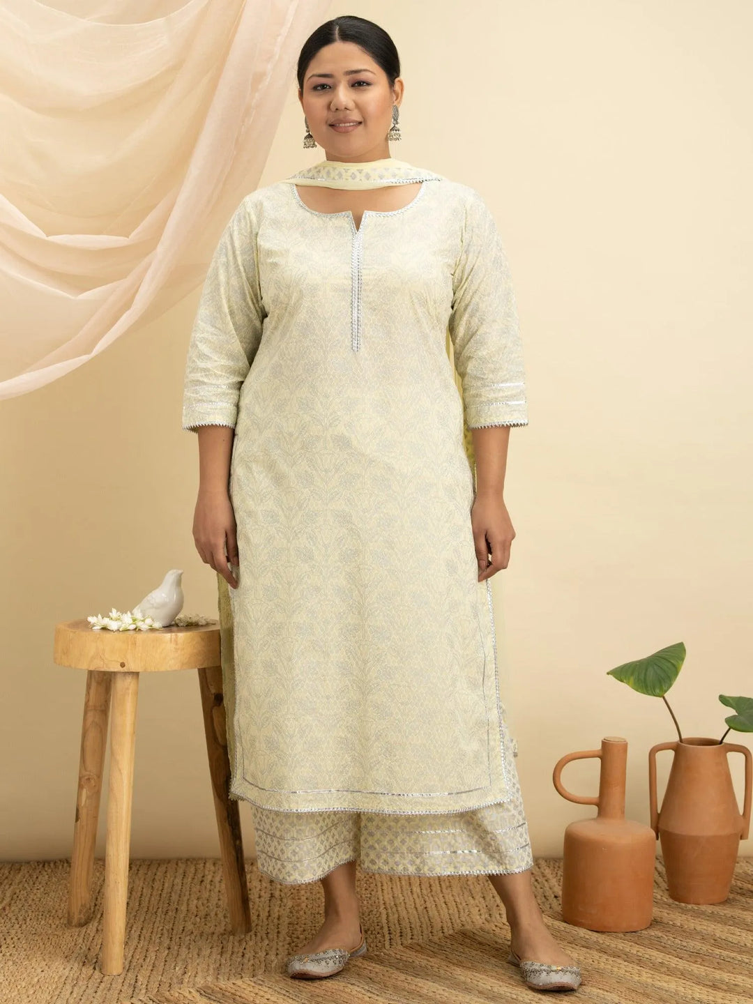 Plus Size Yellow Printed Cotton Suit Set - Libas 