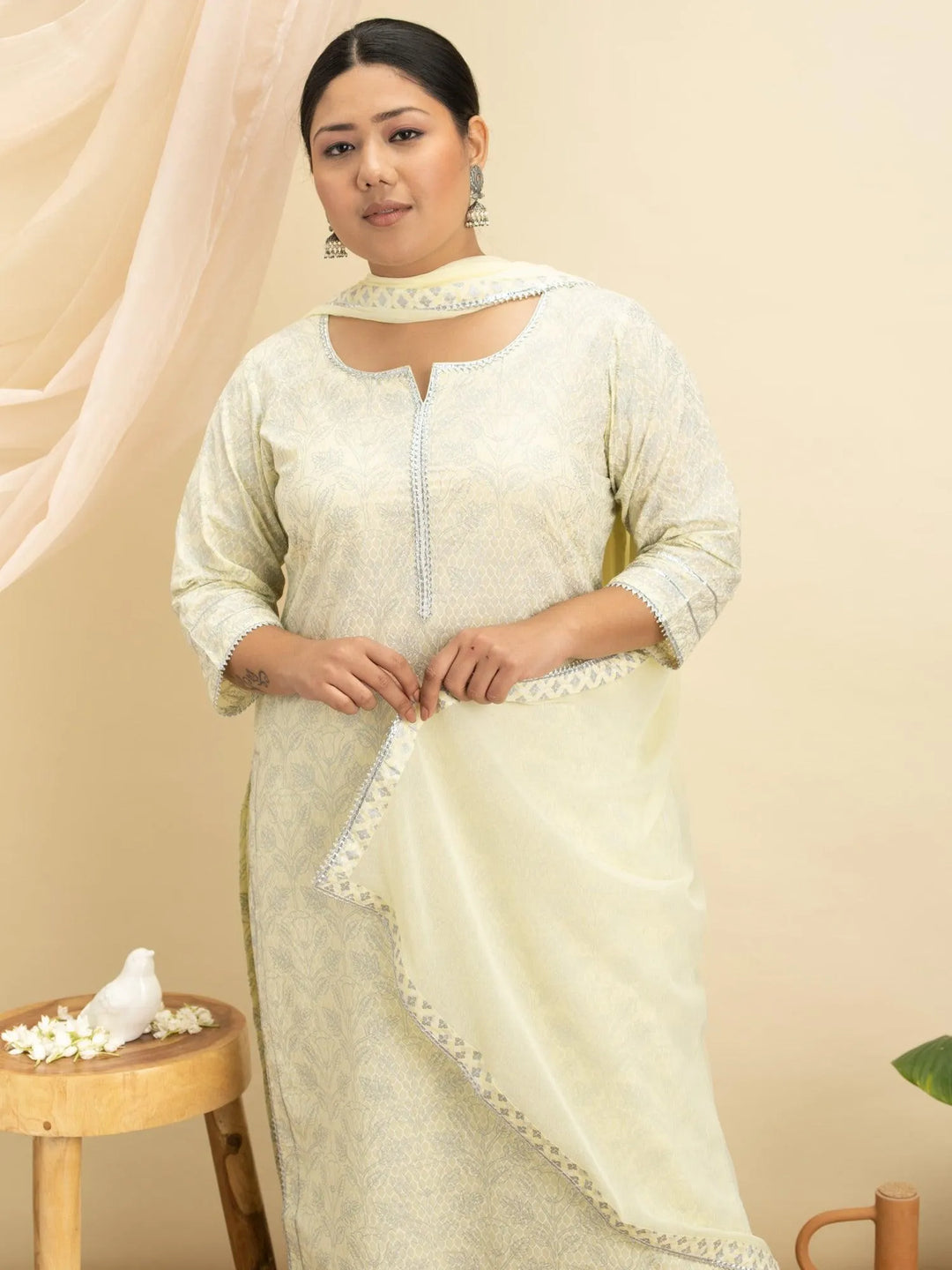 Plus Size Yellow Printed Cotton Suit Set - Libas 