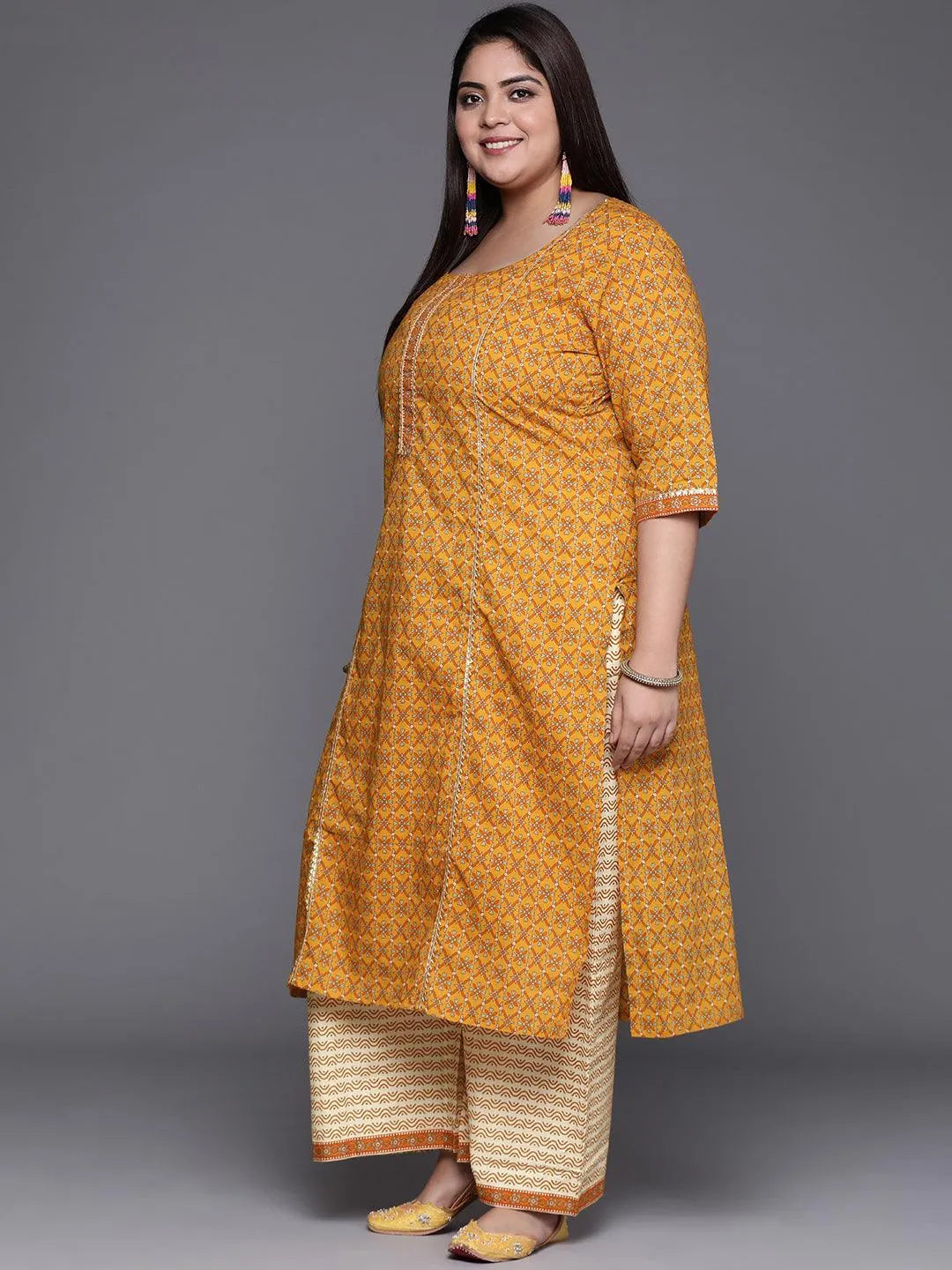 Plus Size Yellow Printed Cotton Suit Set - Libas 