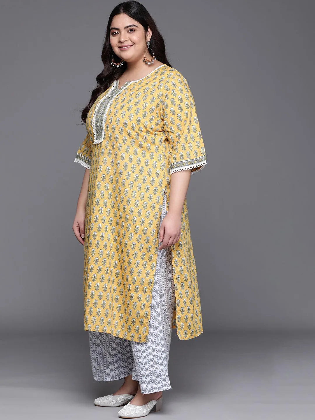 Plus Size Yellow Printed Cotton Suit Set - Libas 