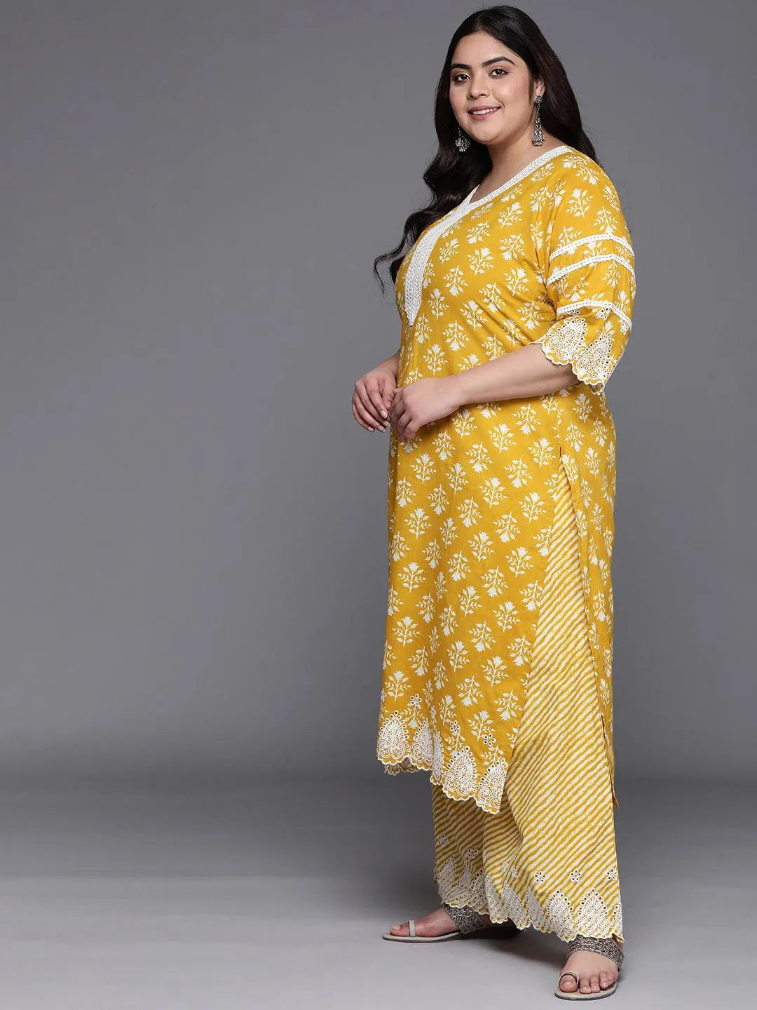 Plus Size Yellow Printed Cotton Suit Set - Libas 