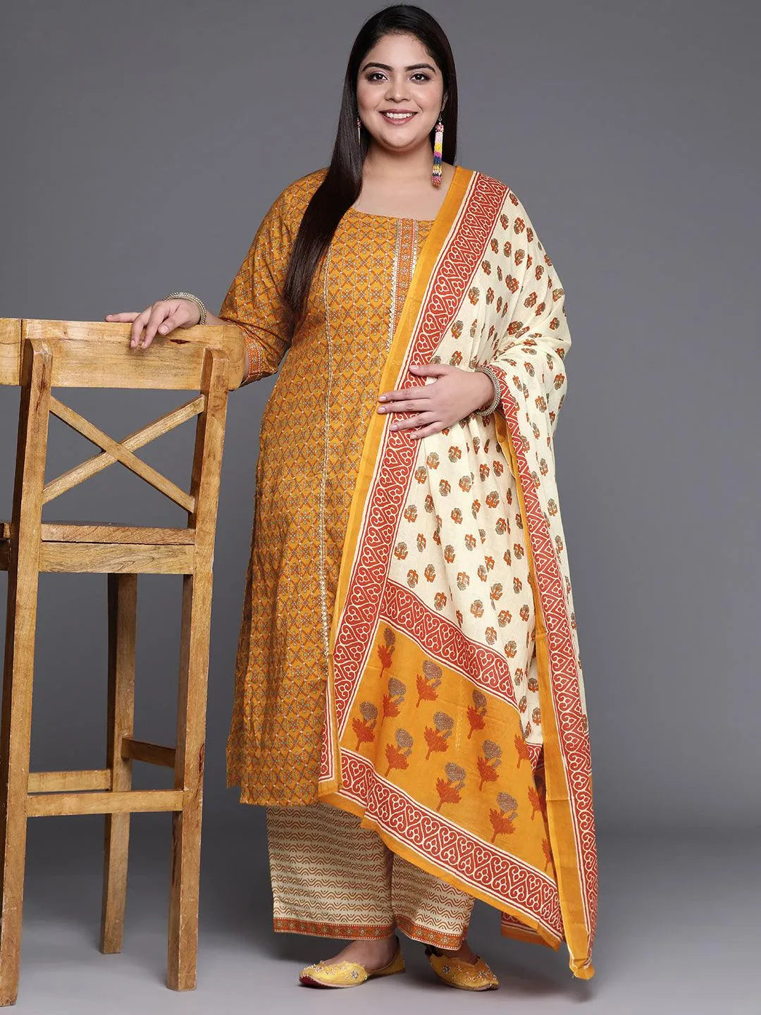 Plus Size Yellow Printed Cotton Suit Set - Libas 