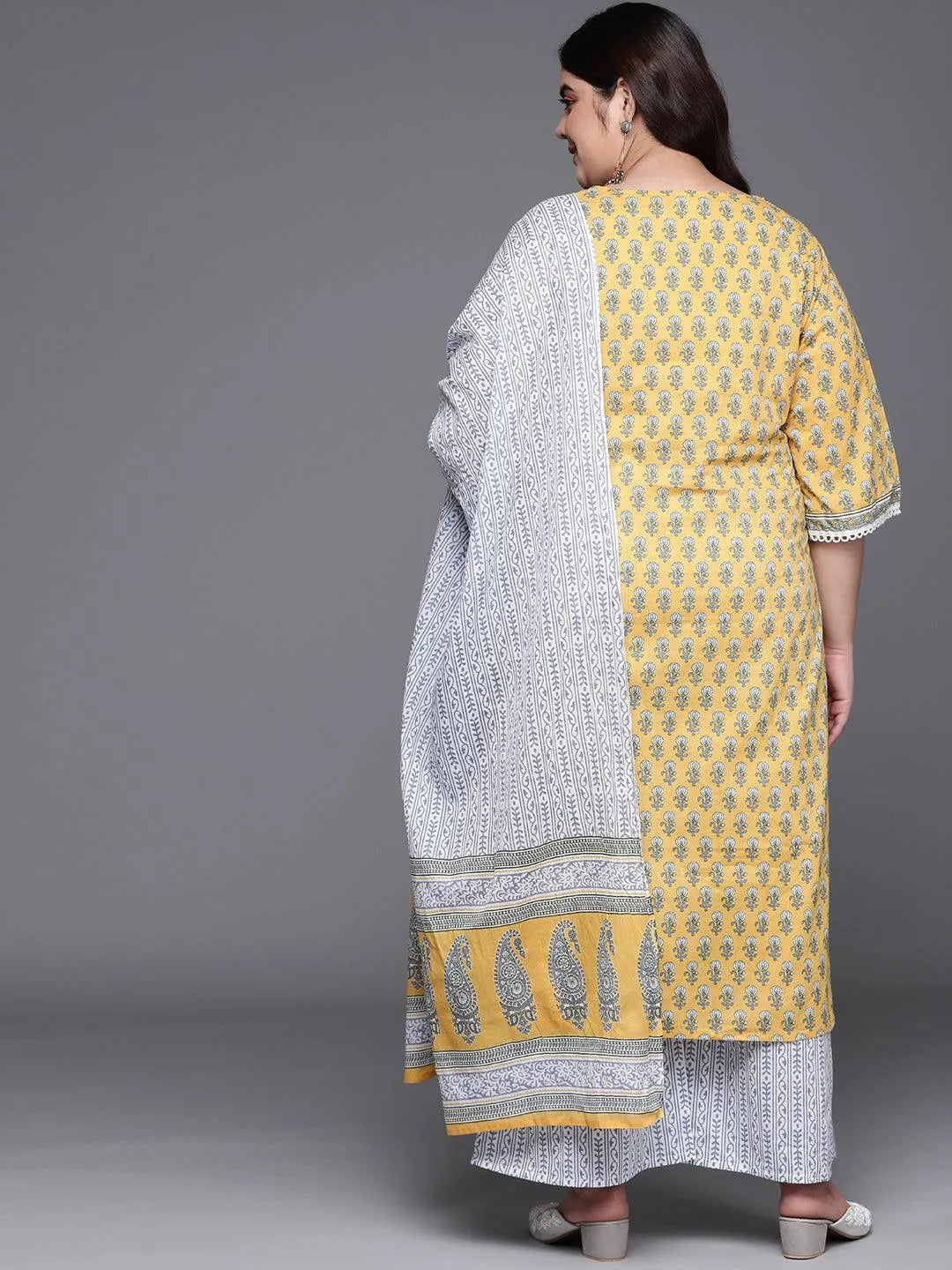 Plus Size Yellow Printed Cotton Suit Set - Libas 