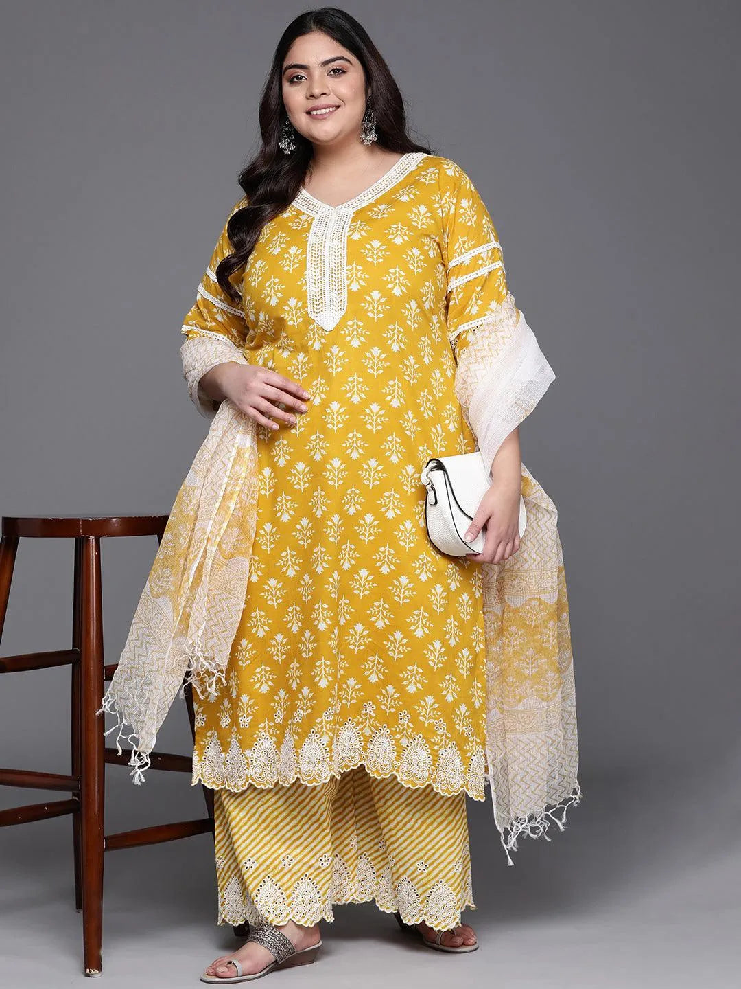 Plus Size Yellow Printed Cotton Suit Set - Libas 