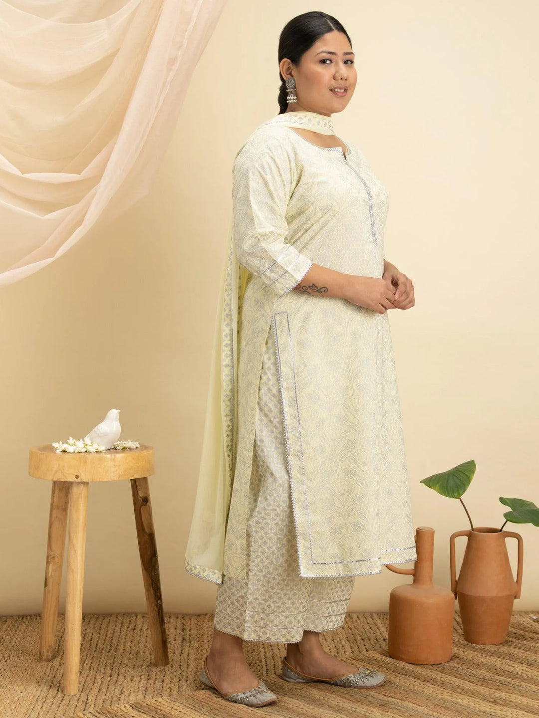 Plus Size Yellow Printed Cotton Suit Set - Libas 