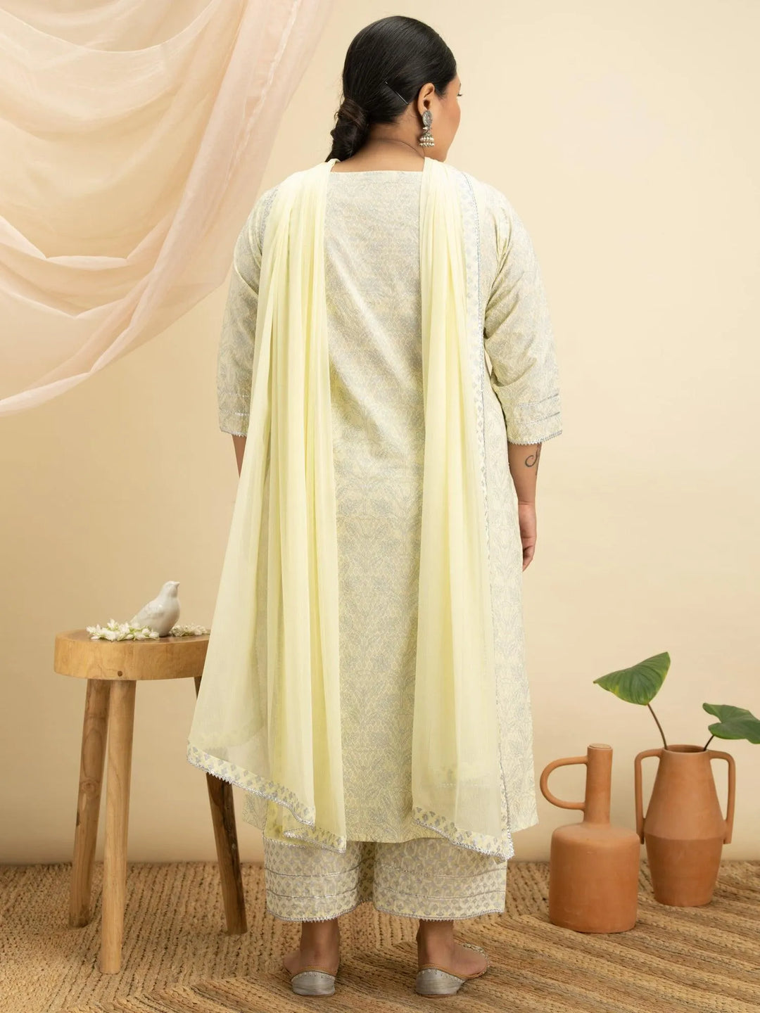 Plus Size Yellow Printed Cotton Suit Set - Libas 