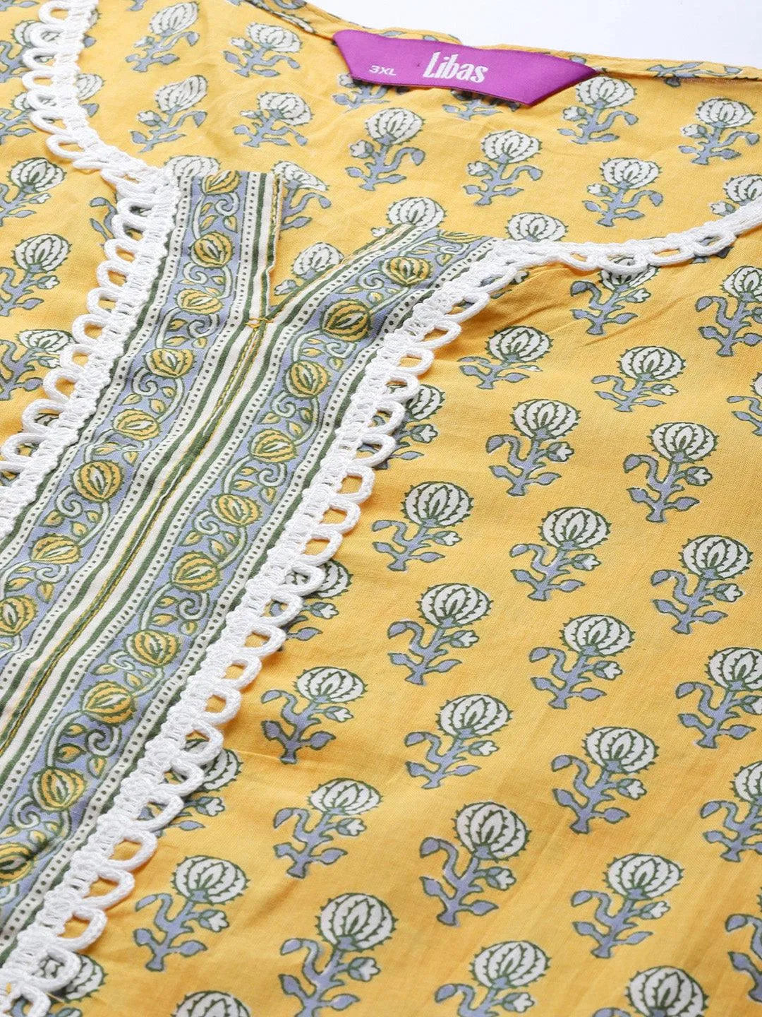 Plus Size Yellow Printed Cotton Suit Set - Libas 