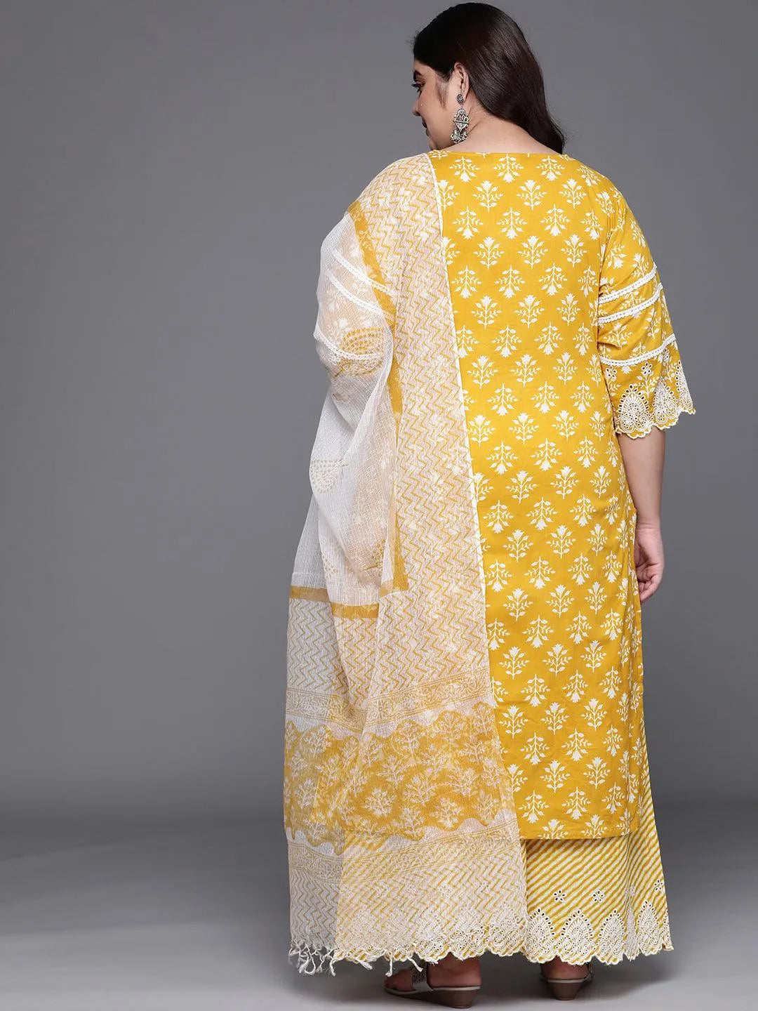 Plus Size Yellow Printed Cotton Suit Set - Libas 