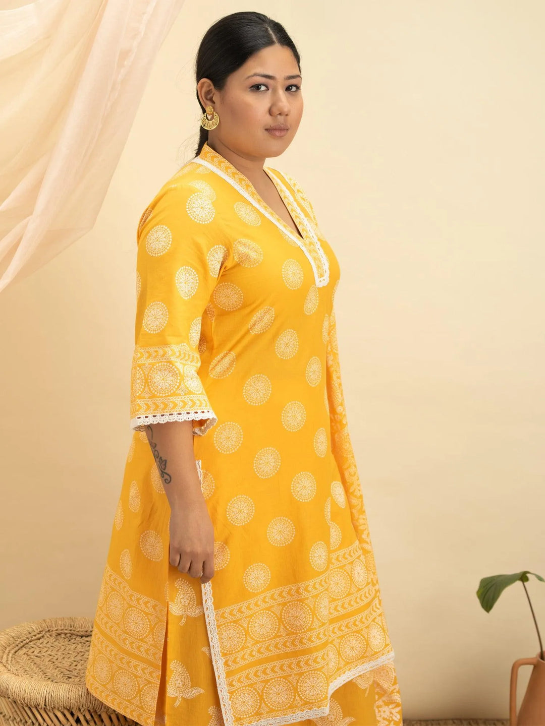 Plus Size Yellow Printed Cotton Suit Set - Libas