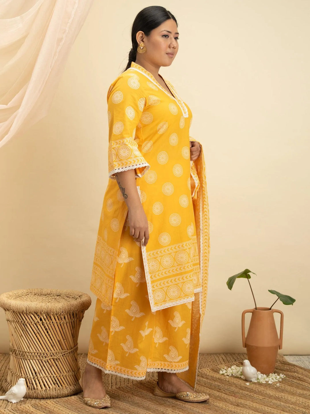 Plus Size Yellow Printed Cotton Suit Set - Libas 