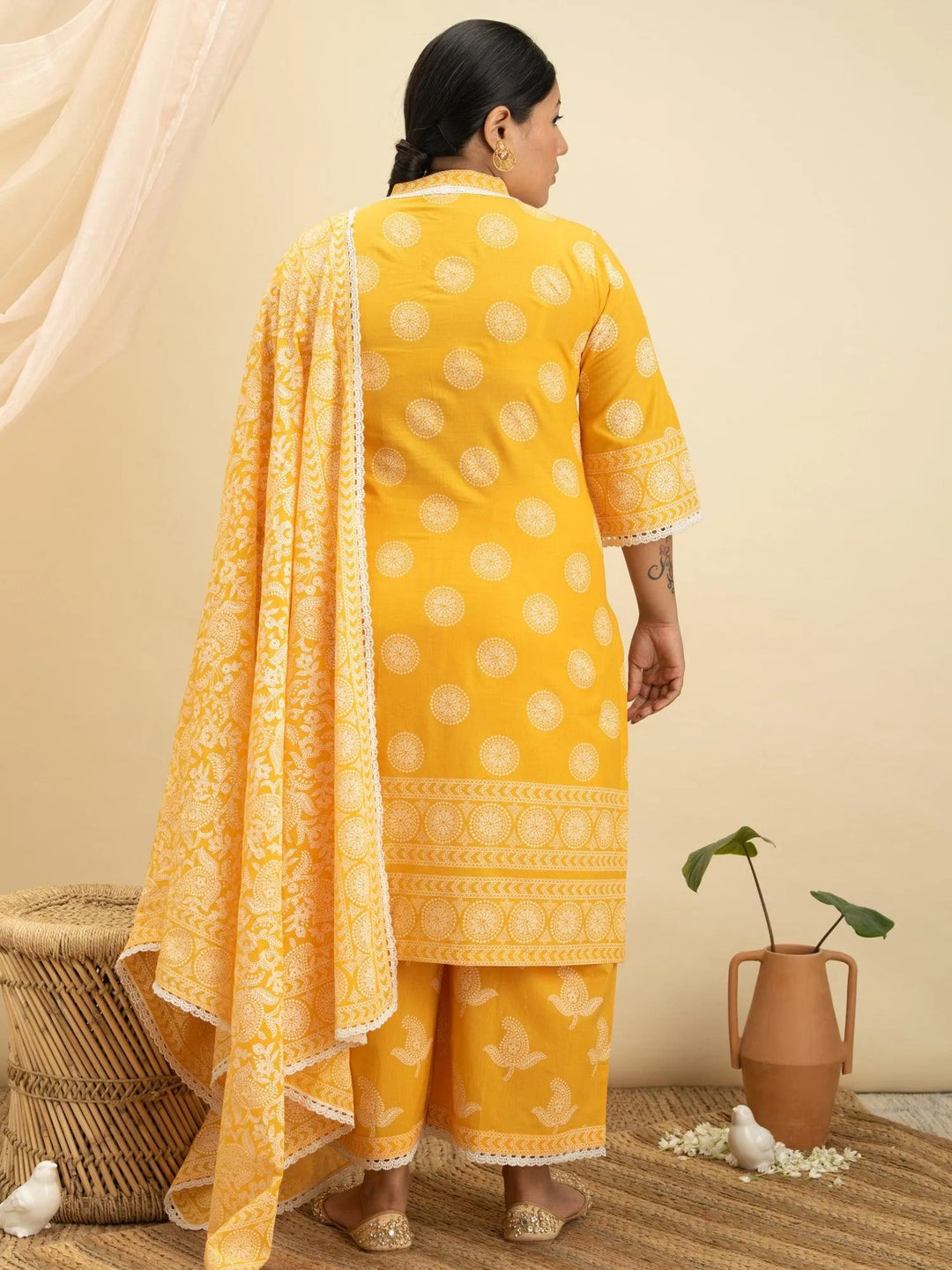 Plus Size Yellow Printed Cotton Suit Set - Libas 