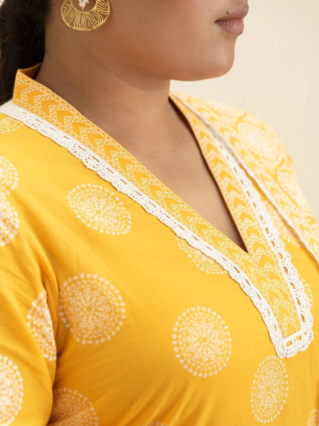 Plus Size Yellow Printed Cotton Suit Set - Libas 