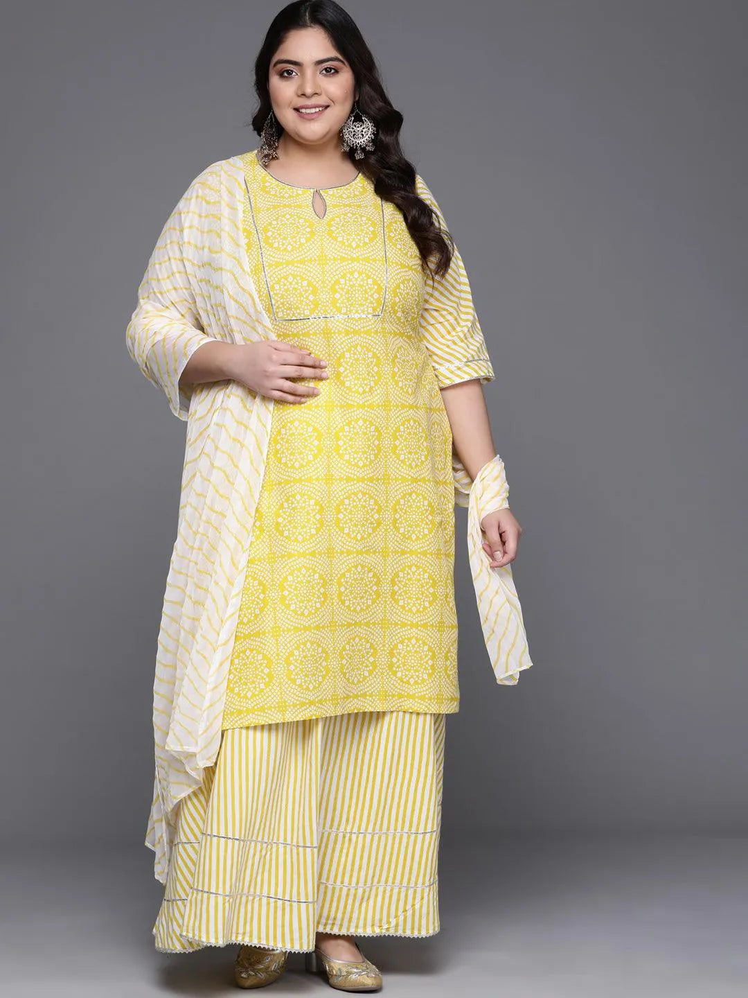 Plus Size Yellow Printed Cotton Suit Set - Libas