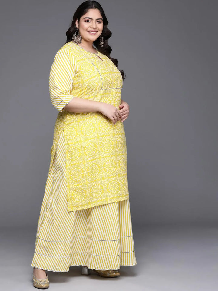 Plus Size Yellow Printed Cotton Suit Set - Libas