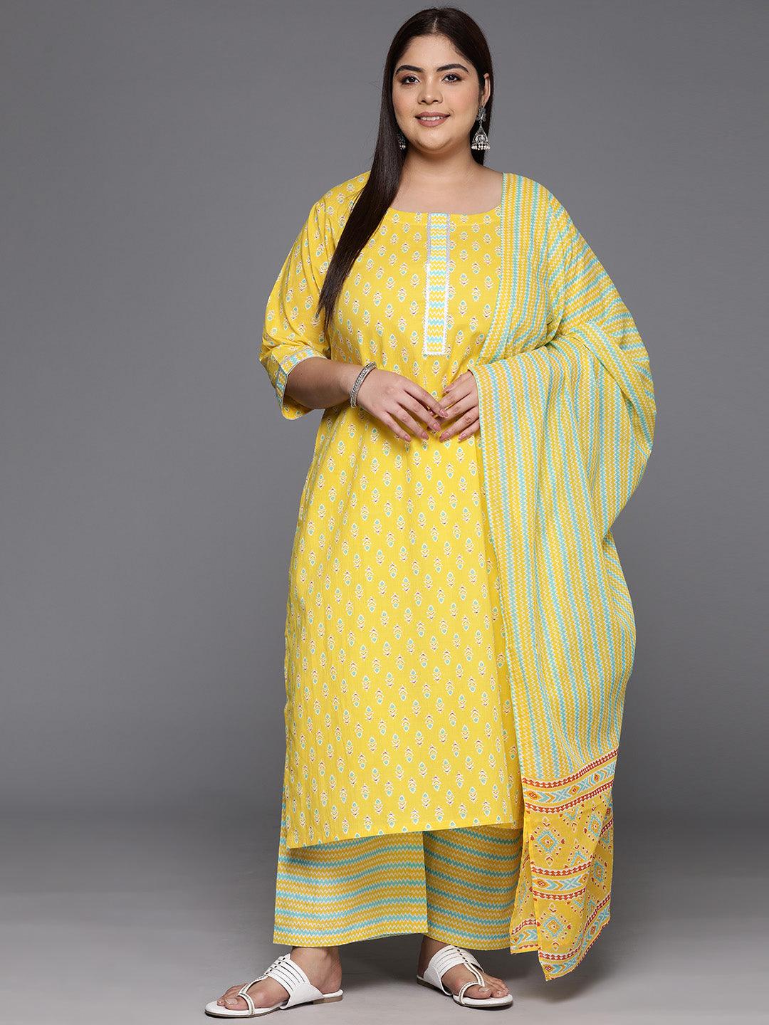 Plus Size Yellow Printed Cotton Straight Kurta With Trousers & Dupatta - Libas 