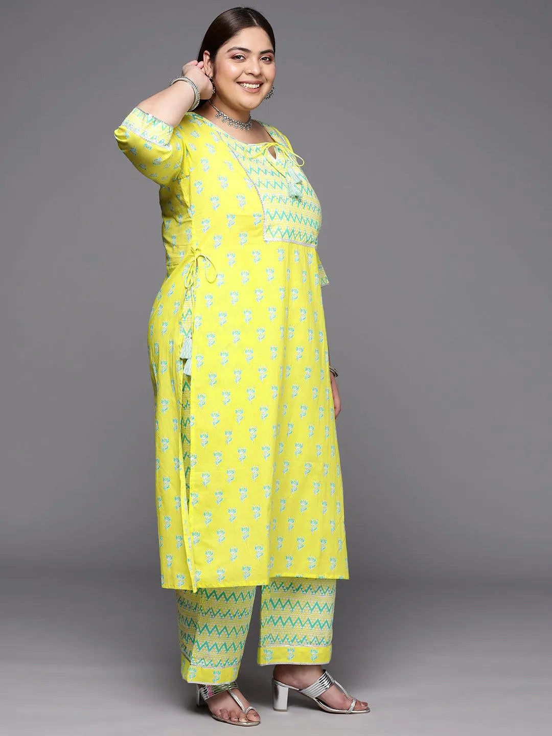 Plus Size Yellow Printed Cotton Suit Set With Trousers - Libas