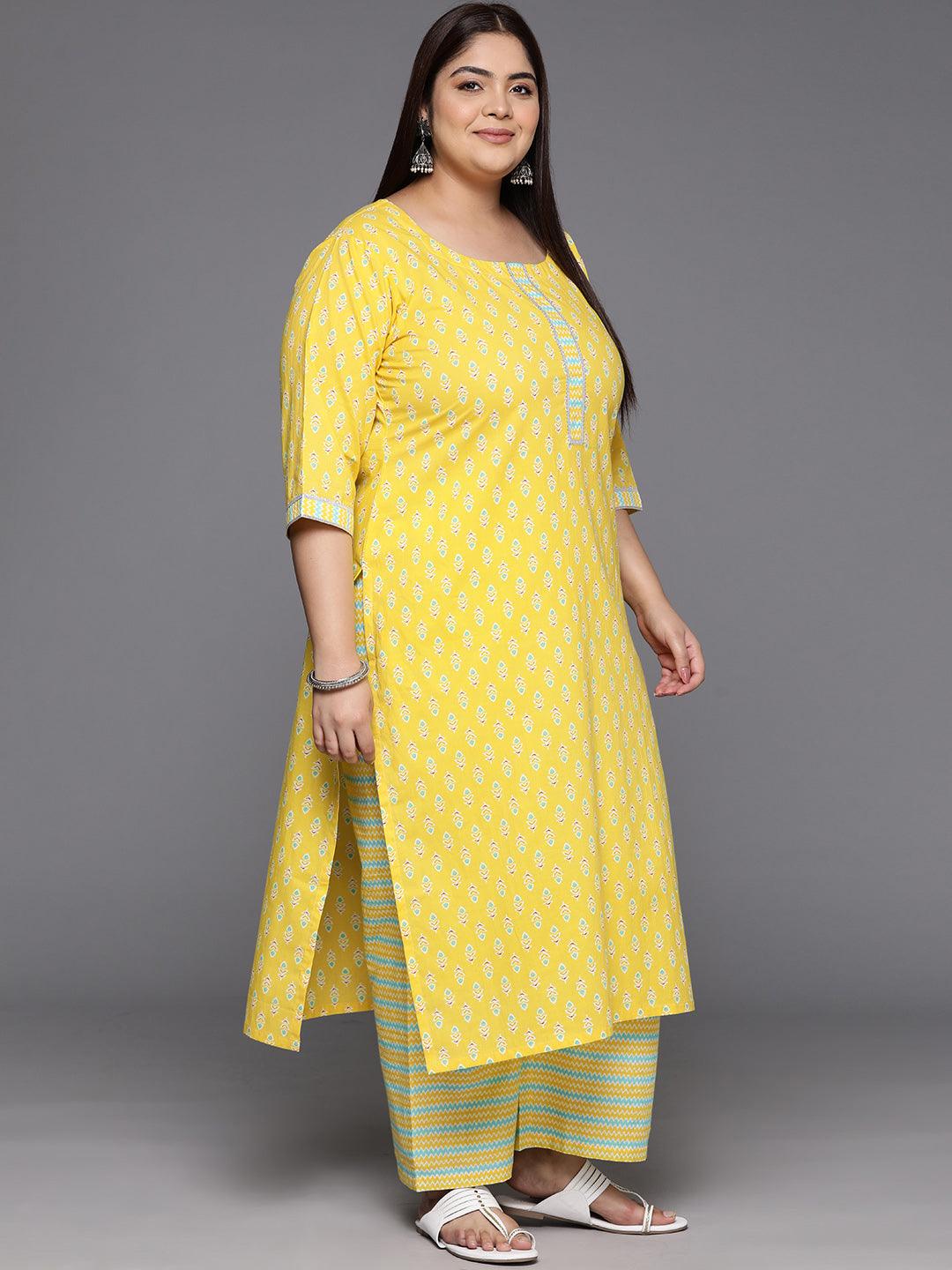 Plus Size Yellow Printed Cotton Straight Kurta With Trousers & Dupatta - Libas 