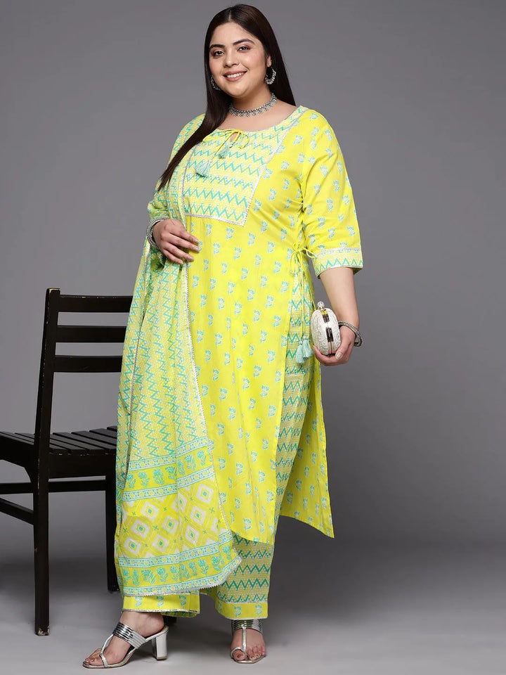 Plus Size Yellow Printed Cotton Suit Set With Trousers - Libas