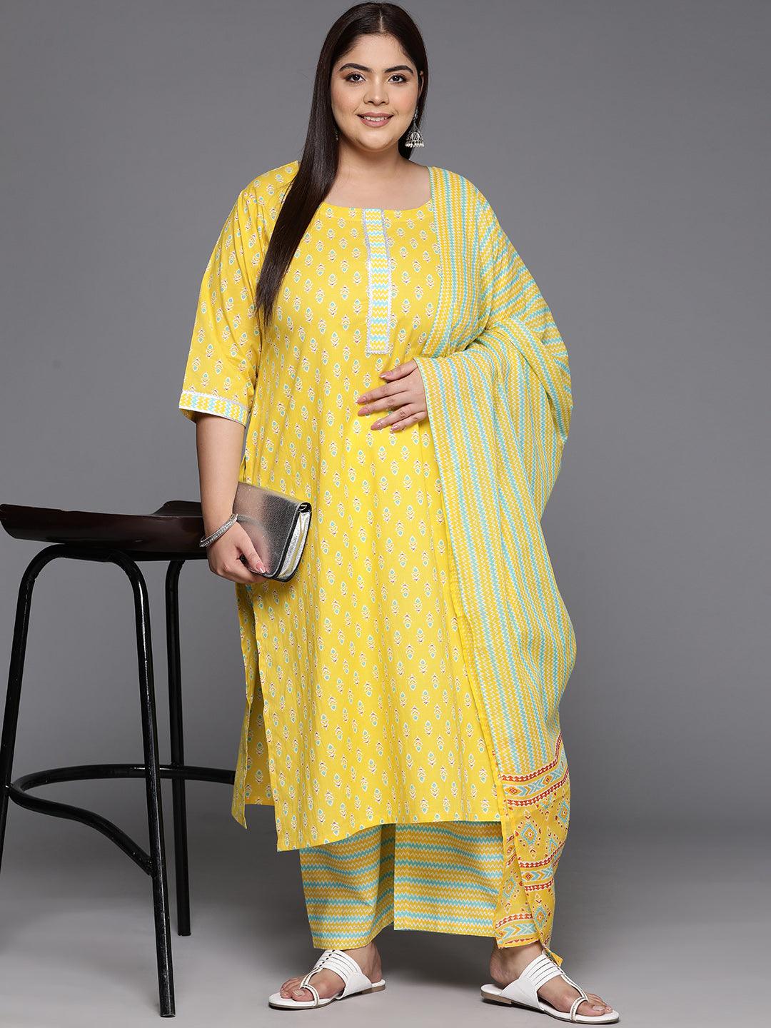 Plus Size Yellow Printed Cotton Straight Kurta With Trousers & Dupatta - Libas 