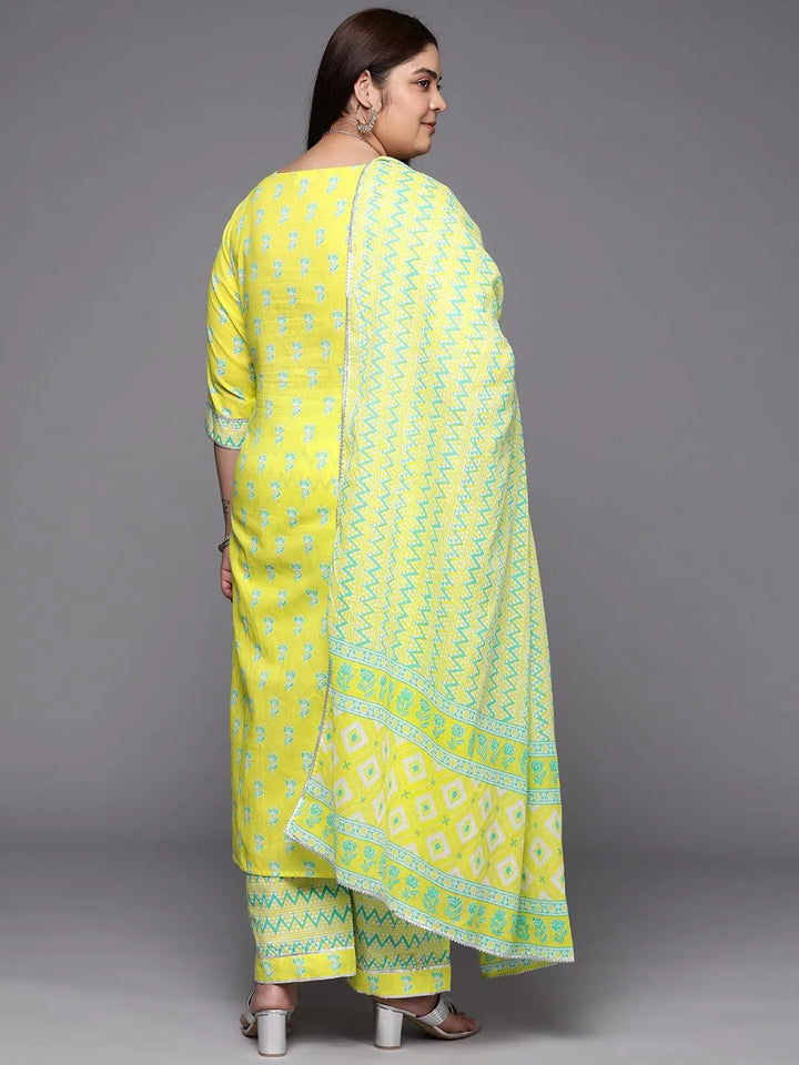 Plus Size Yellow Printed Cotton Suit Set With Trousers - Libas