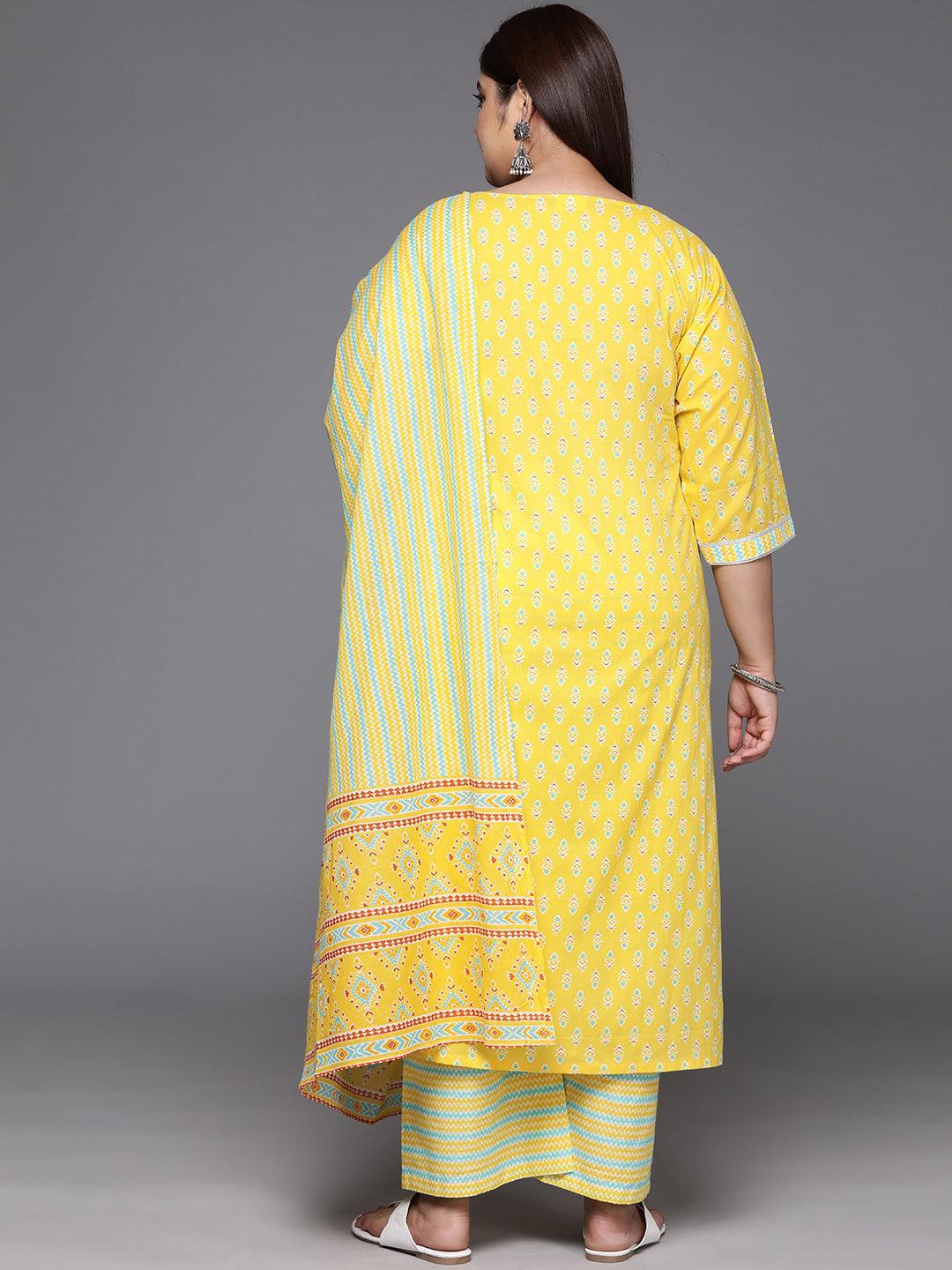 Plus Size Yellow Printed Cotton Straight Kurta With Trousers & Dupatta - Libas