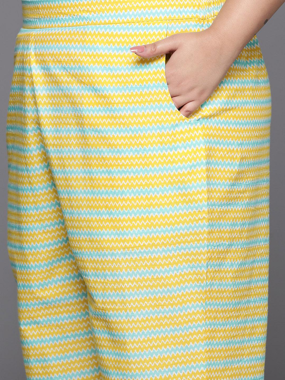 Plus Size Yellow Printed Cotton Straight Kurta With Trousers & Dupatta - Libas 