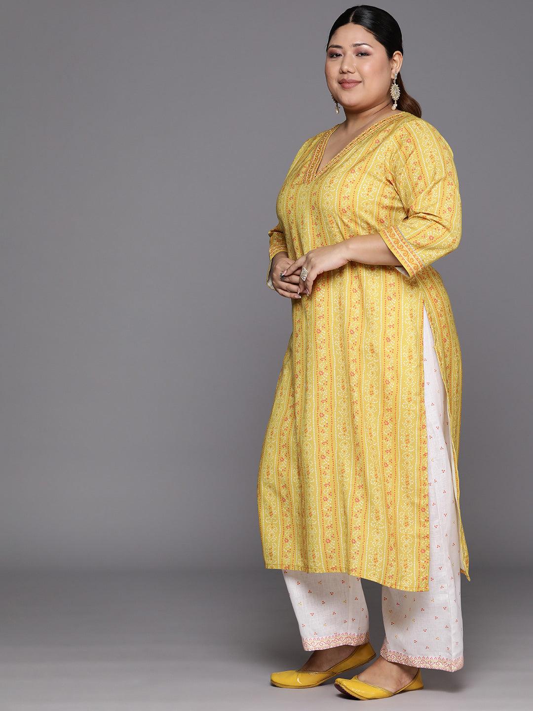 Plus Size Yellow Printed Cotton Blend Straight Kurta Set - Libas