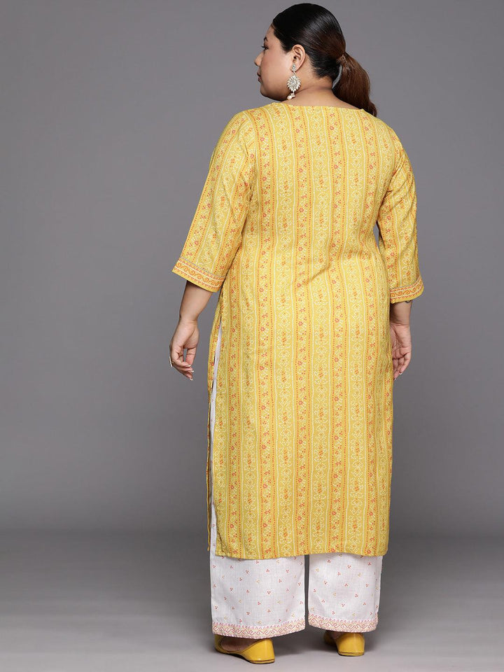 Plus Size Yellow Printed Cotton Blend Straight Kurta Set - Libas