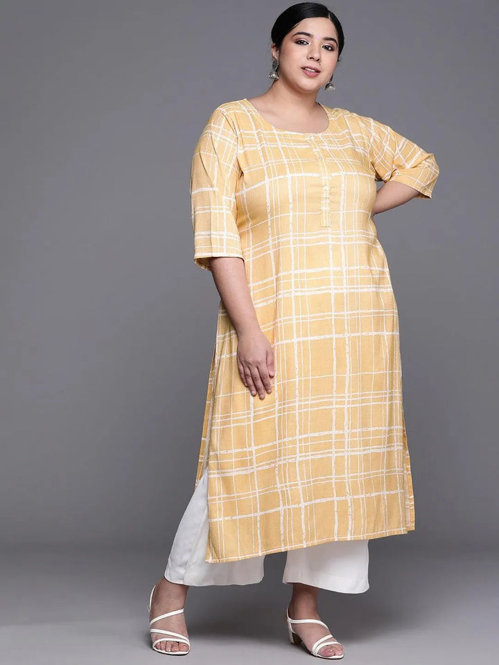 Plus Size Yellow Printed Rayon Kurta - Libas