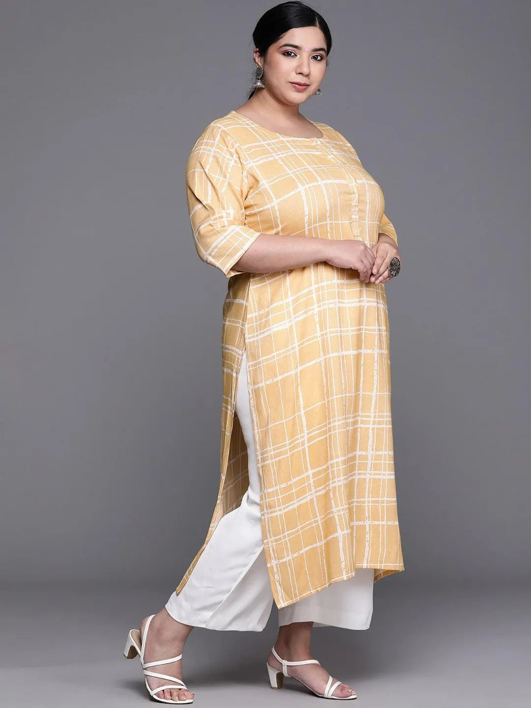 Plus Size Yellow Printed Rayon Kurta - Libas