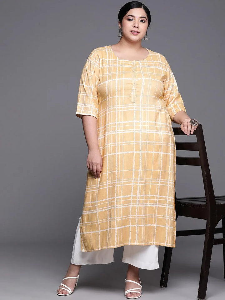 Plus Size Yellow Printed Rayon Kurta - Libas