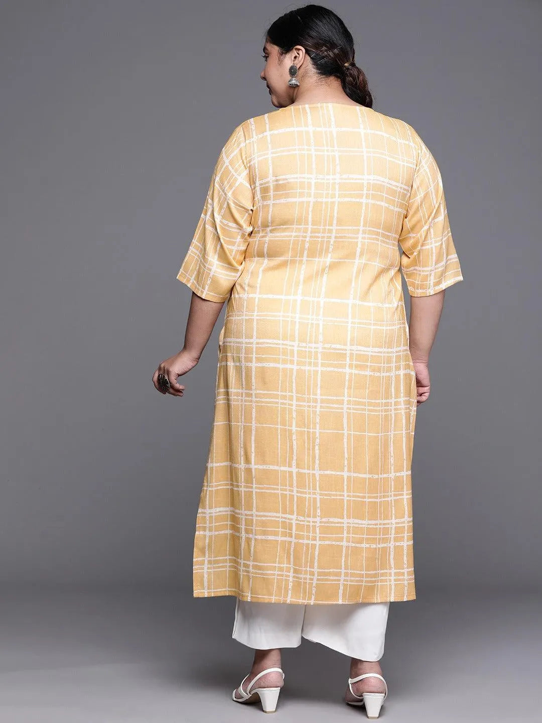 Plus Size Yellow Printed Rayon Kurta - Libas