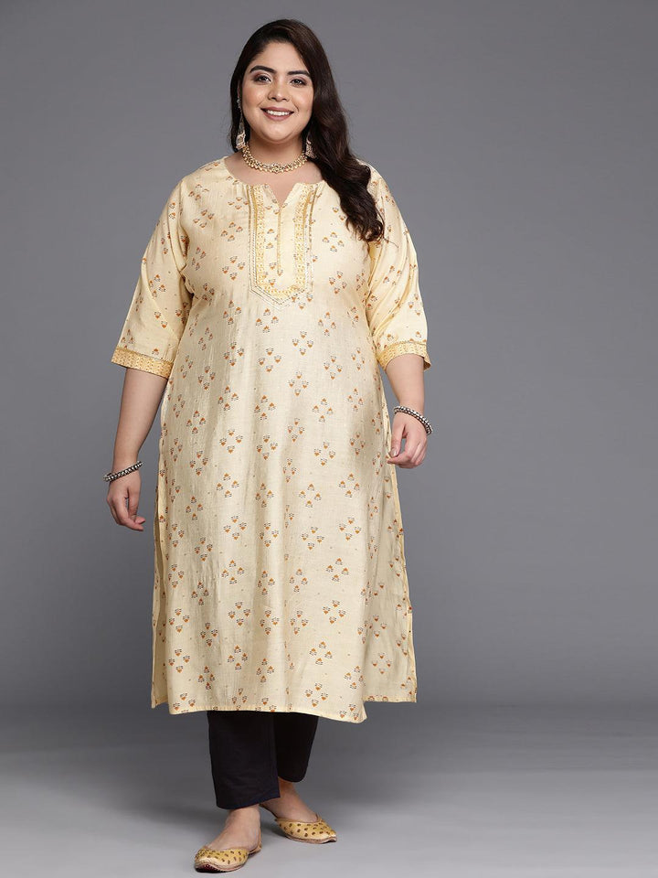 Plus Size Yellow Printed Silk Straight Kurta - Libas