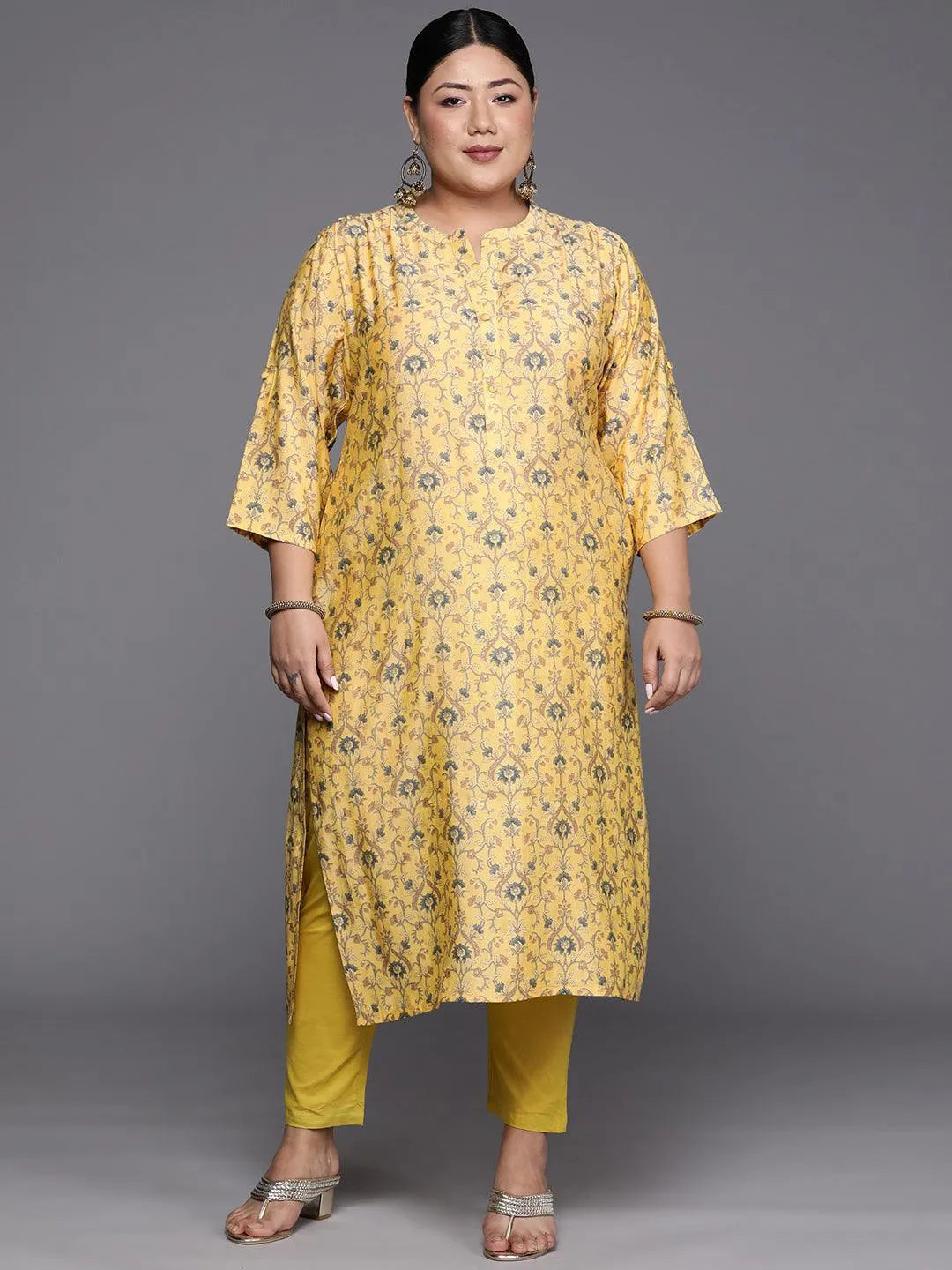 Plus Size Yellow Printed Silk Straight Kurta - Libas