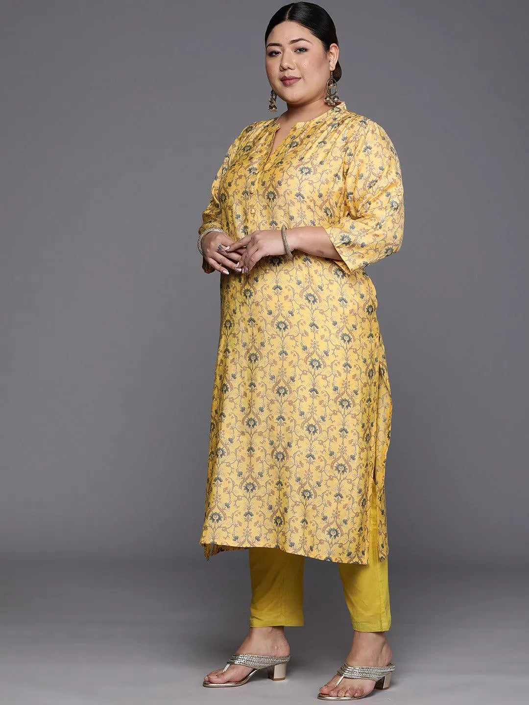 Plus Size Yellow Printed Silk Straight Kurta - Libas