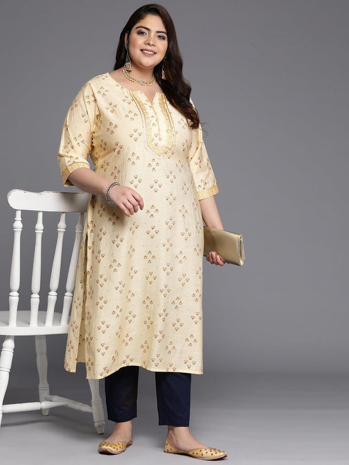 Plus Size Yellow Printed Silk Straight Kurta - Libas