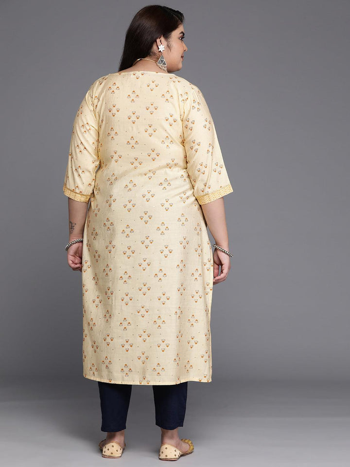 Plus Size Yellow Printed Silk Straight Kurta - Libas