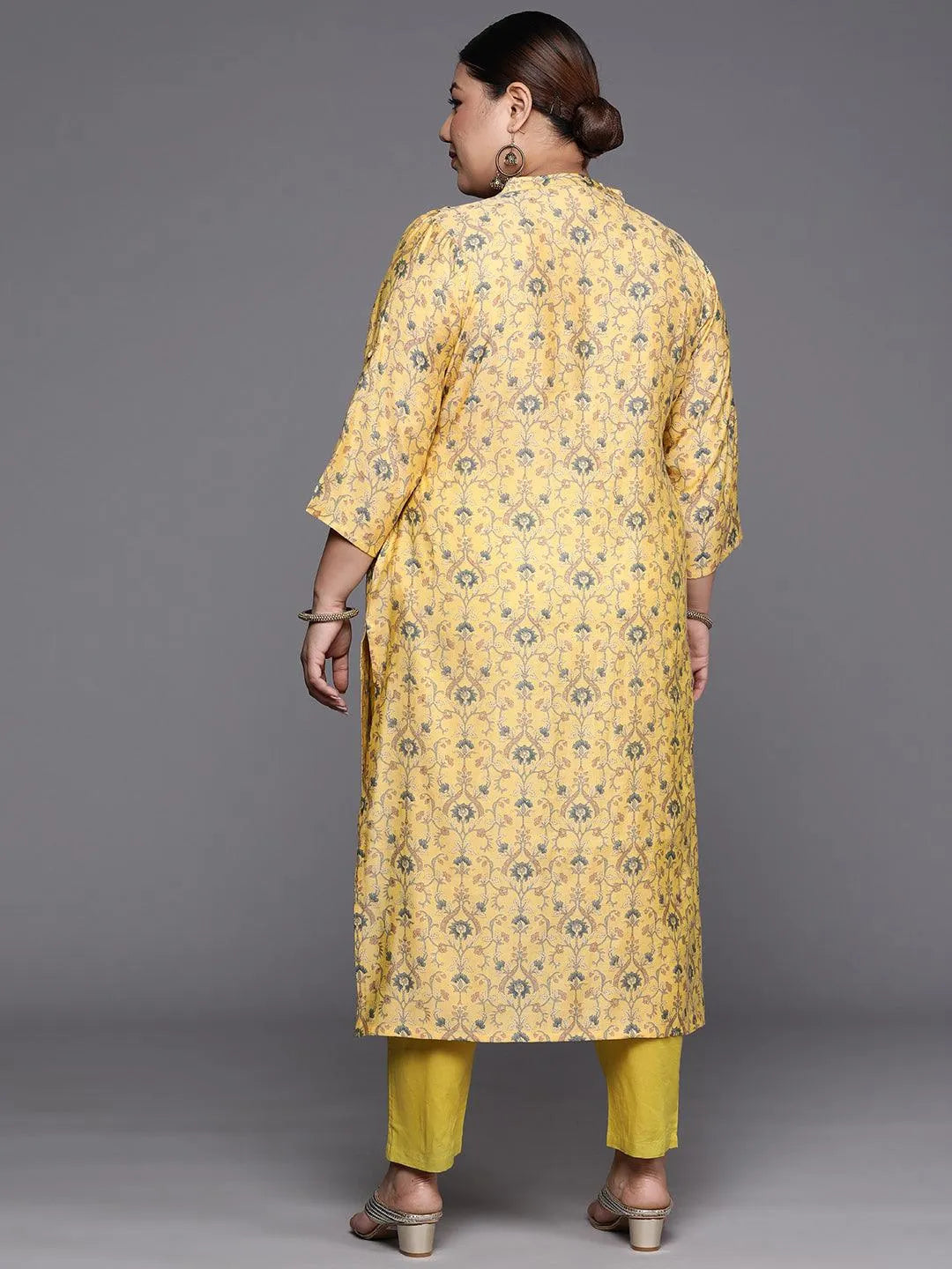 Plus Size Yellow Printed Silk Straight Kurta - Libas