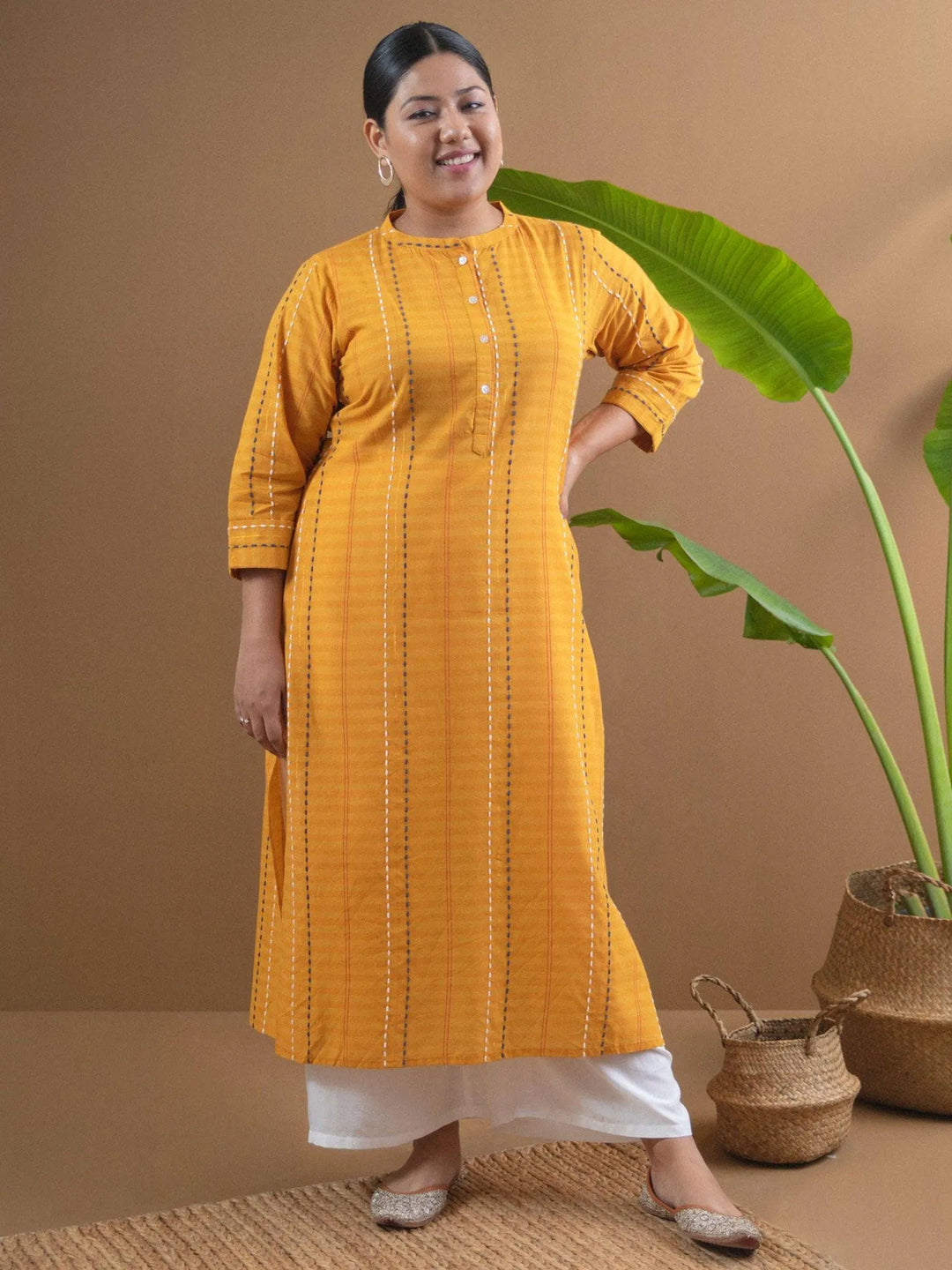 Plus Size Yellow Striped Cotton Kurta - Libas 