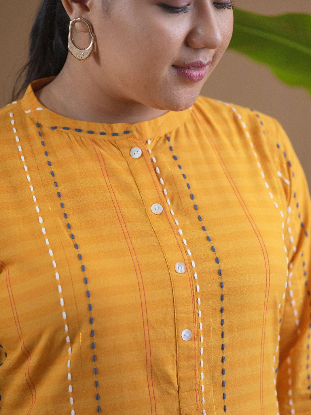 Plus Size Yellow Striped Cotton Kurta - Libas 