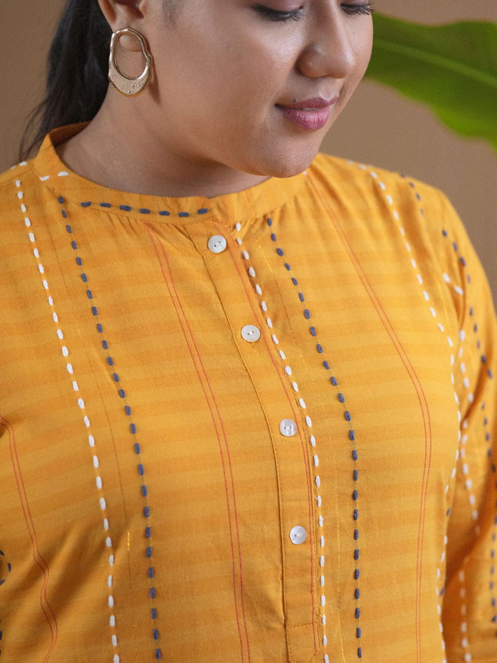 Plus Size Yellow Striped Cotton Kurta - Libas